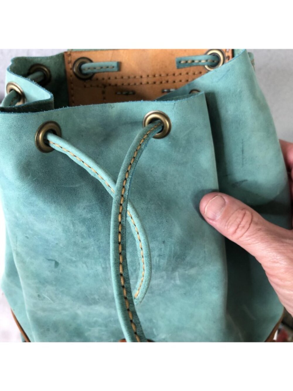 Bespoke Backpack Bag Womens Small Turquoise Brown Leather Boho Drawstring Casual - Picture 16 of 16